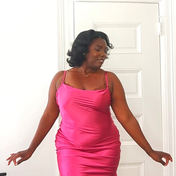 Magenta Silk Cowl Neck Evening Mini Dress in size (12) Strappy Cute Flared Hem - Picture 3 of 8